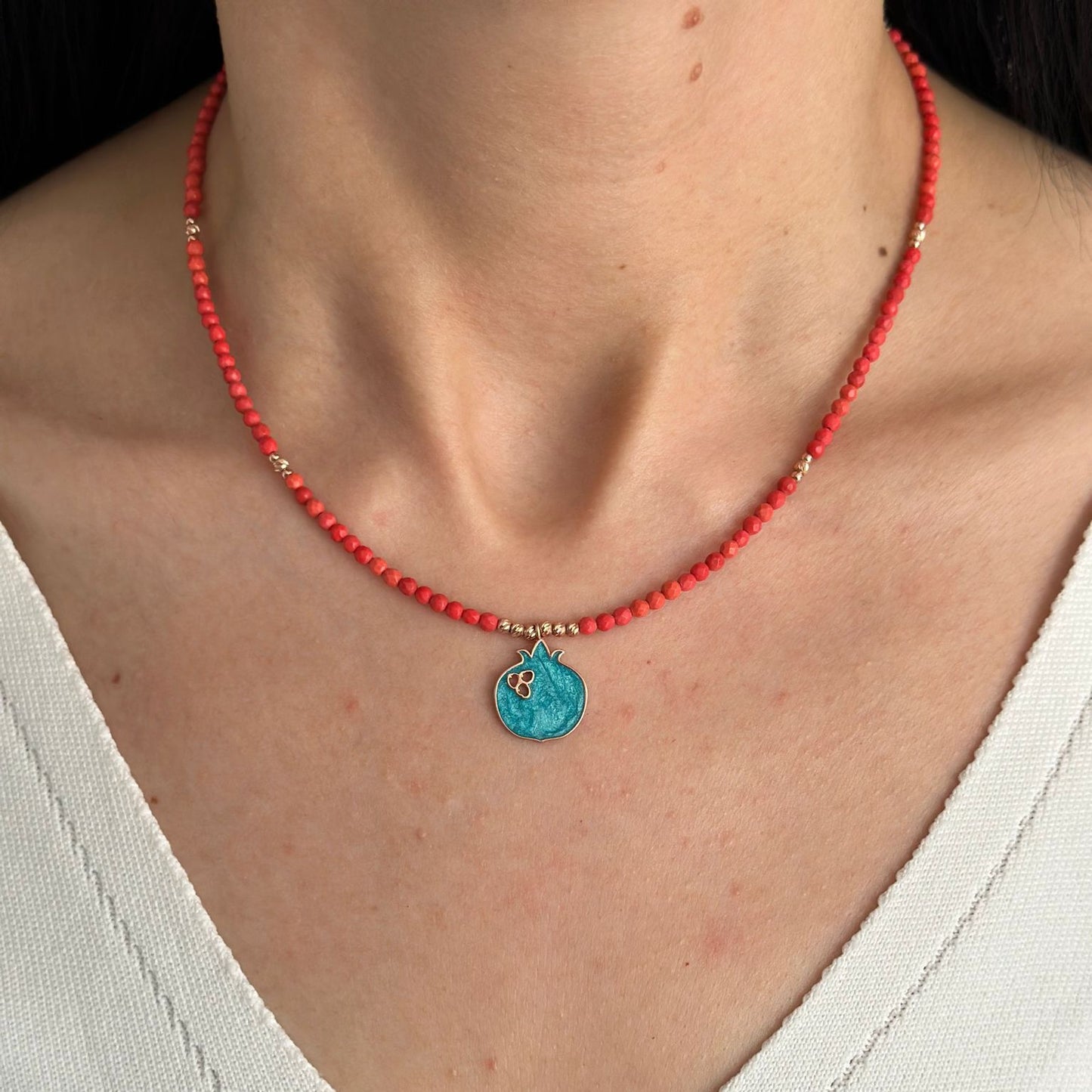 Coral Gemstone Necklace with Pomegranate Pendant