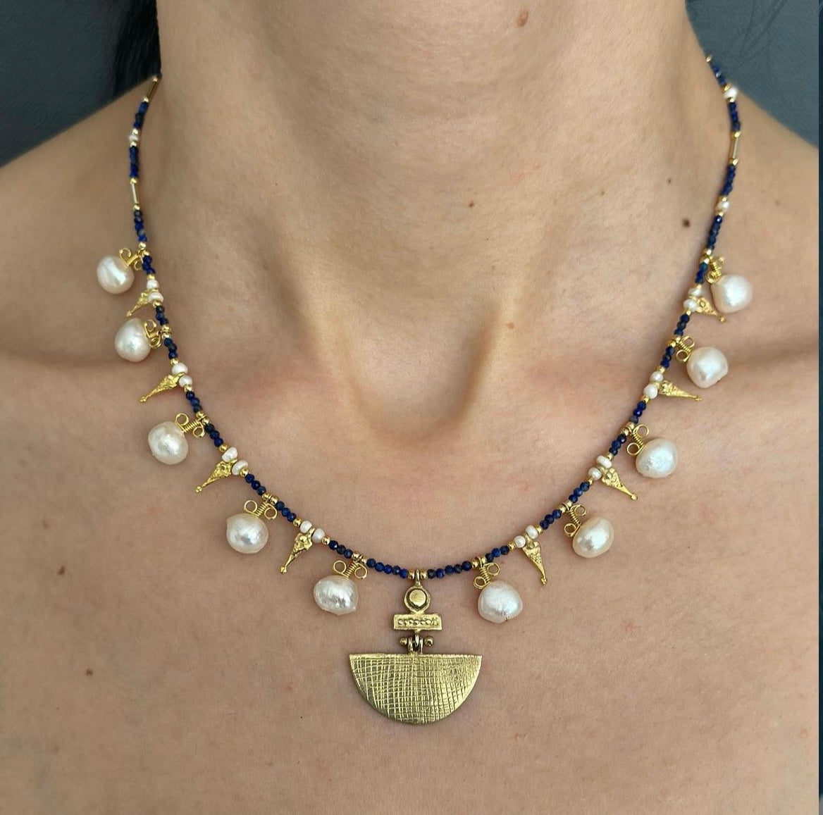 Selene Lapis Lazuli Gemstone and Pearl Necklace Silver Gold Plated