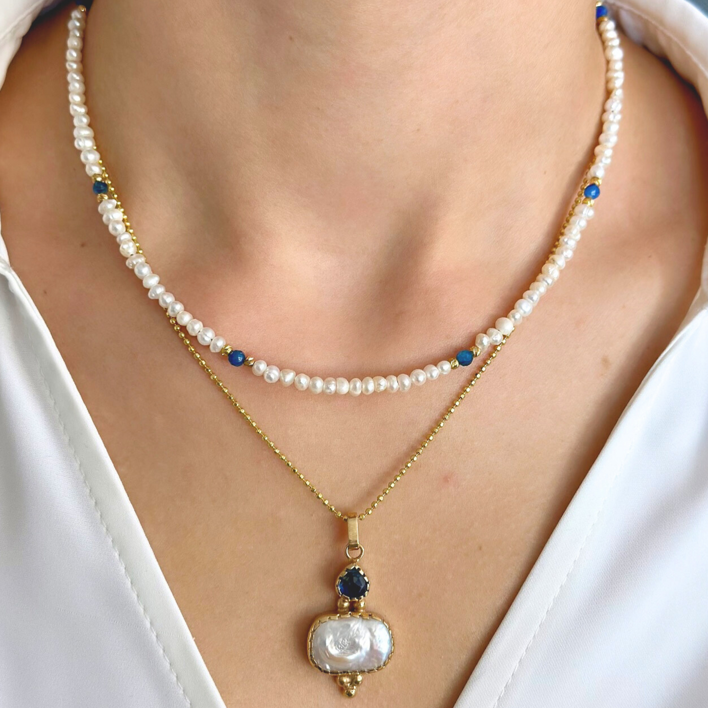 Pearl and Kyanite Pendant Chain Necklace in 925 Sterling Silver