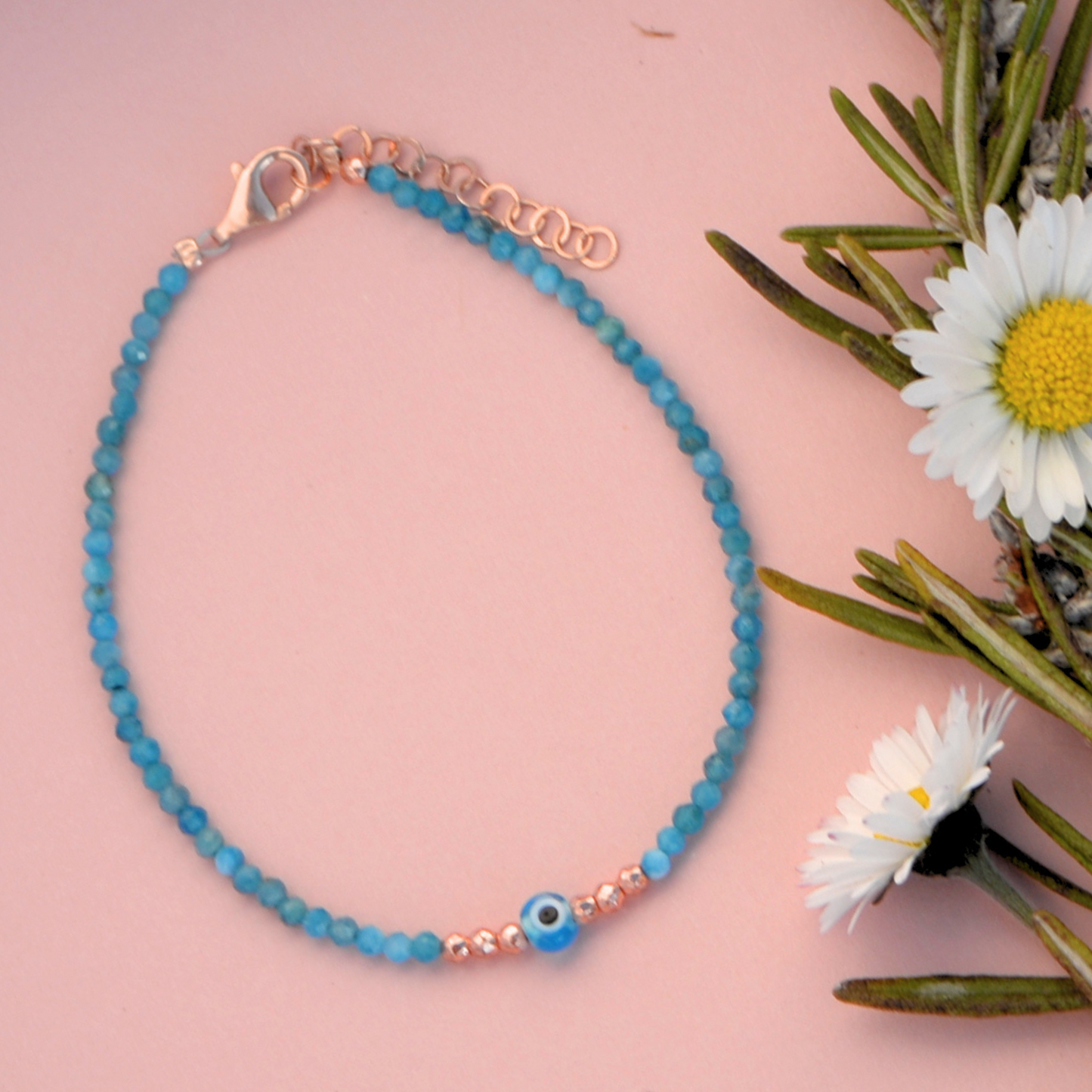 Apatite Gemstone Bracelet with Mini Evil Eye Charm