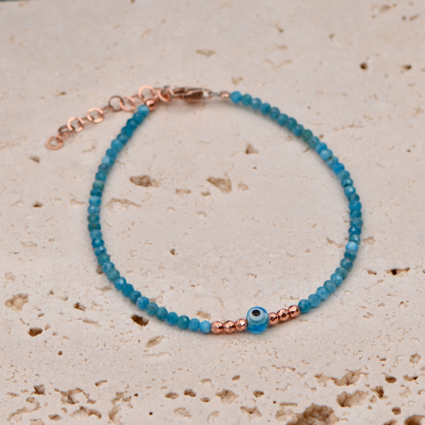 Apatite Gemstone Bracelet with Mini Evil Eye Charm