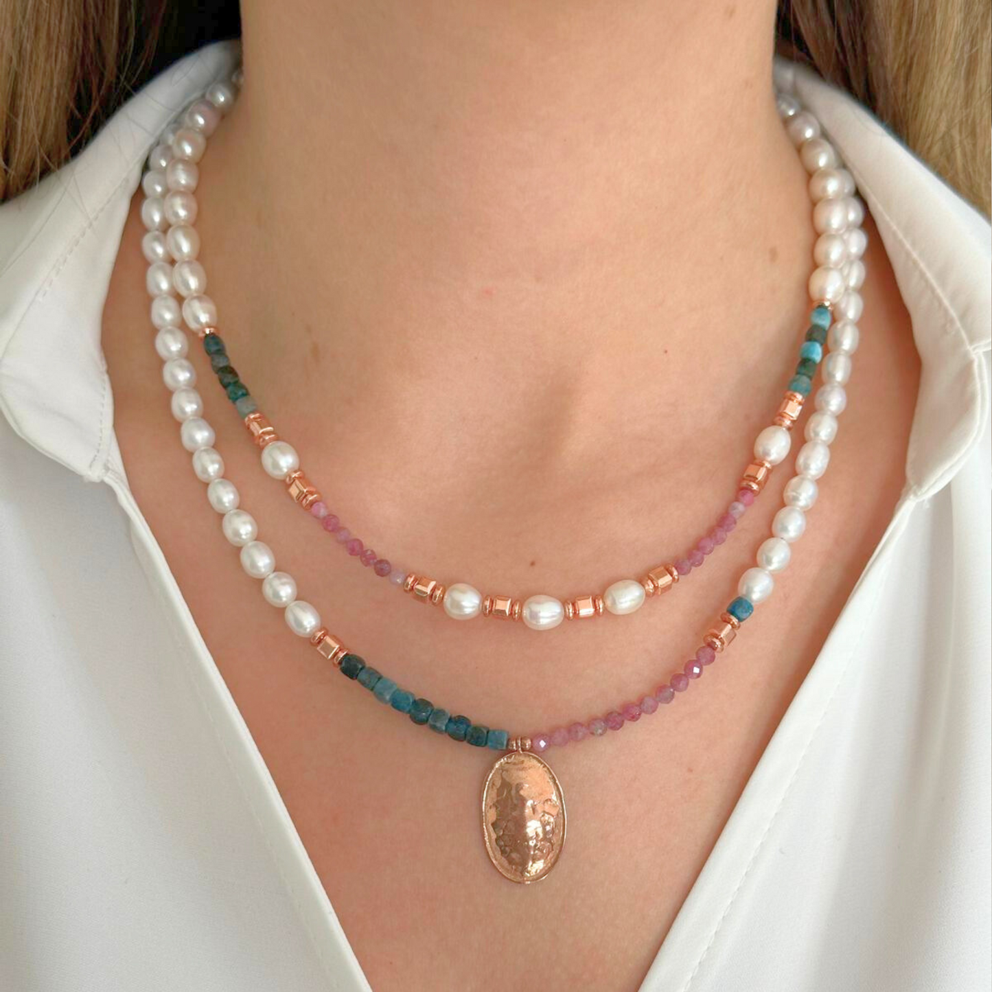 Gemstone and Pearls Necklace with Silver Pendant