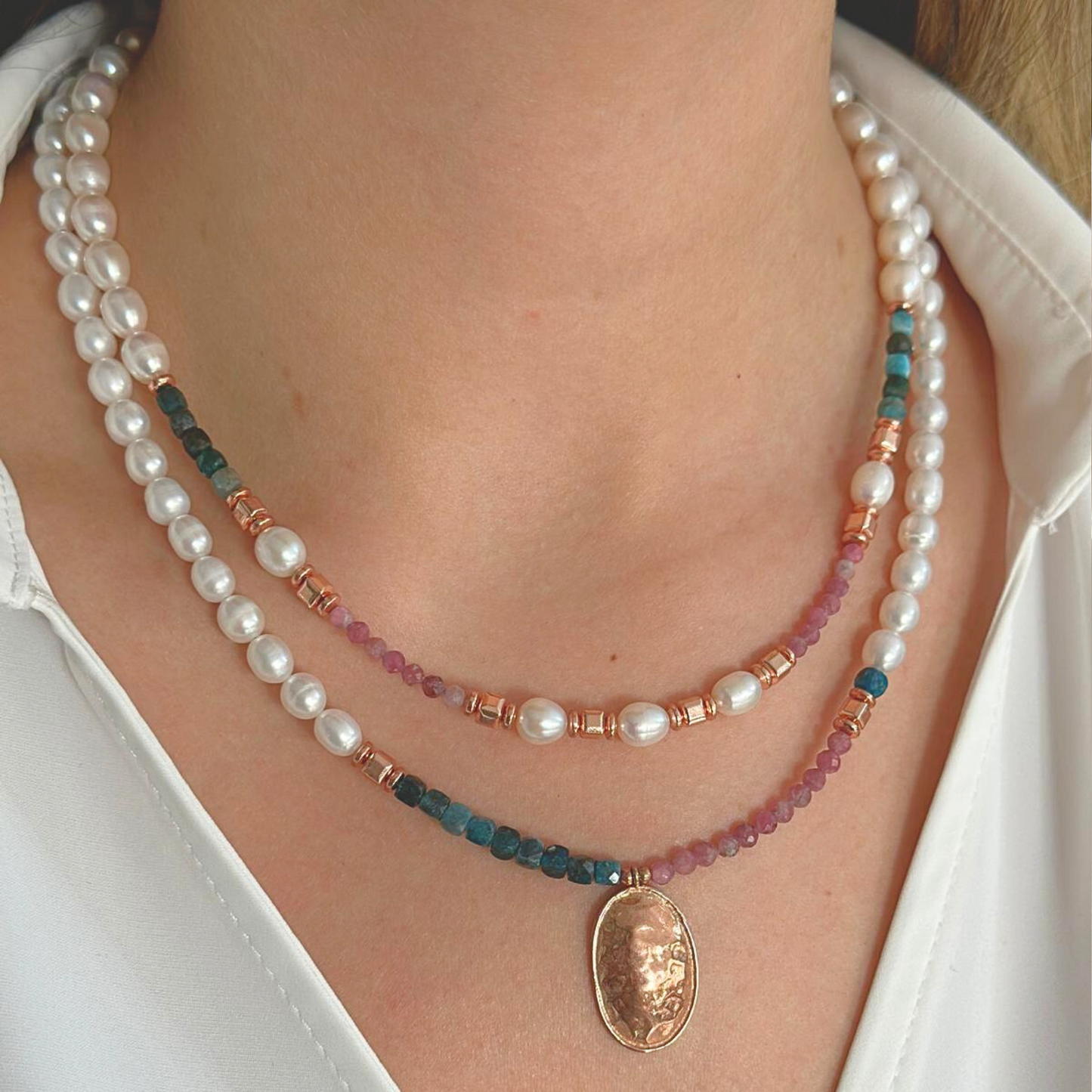 Gemstone and Pearls Necklace with Silver Pendant
