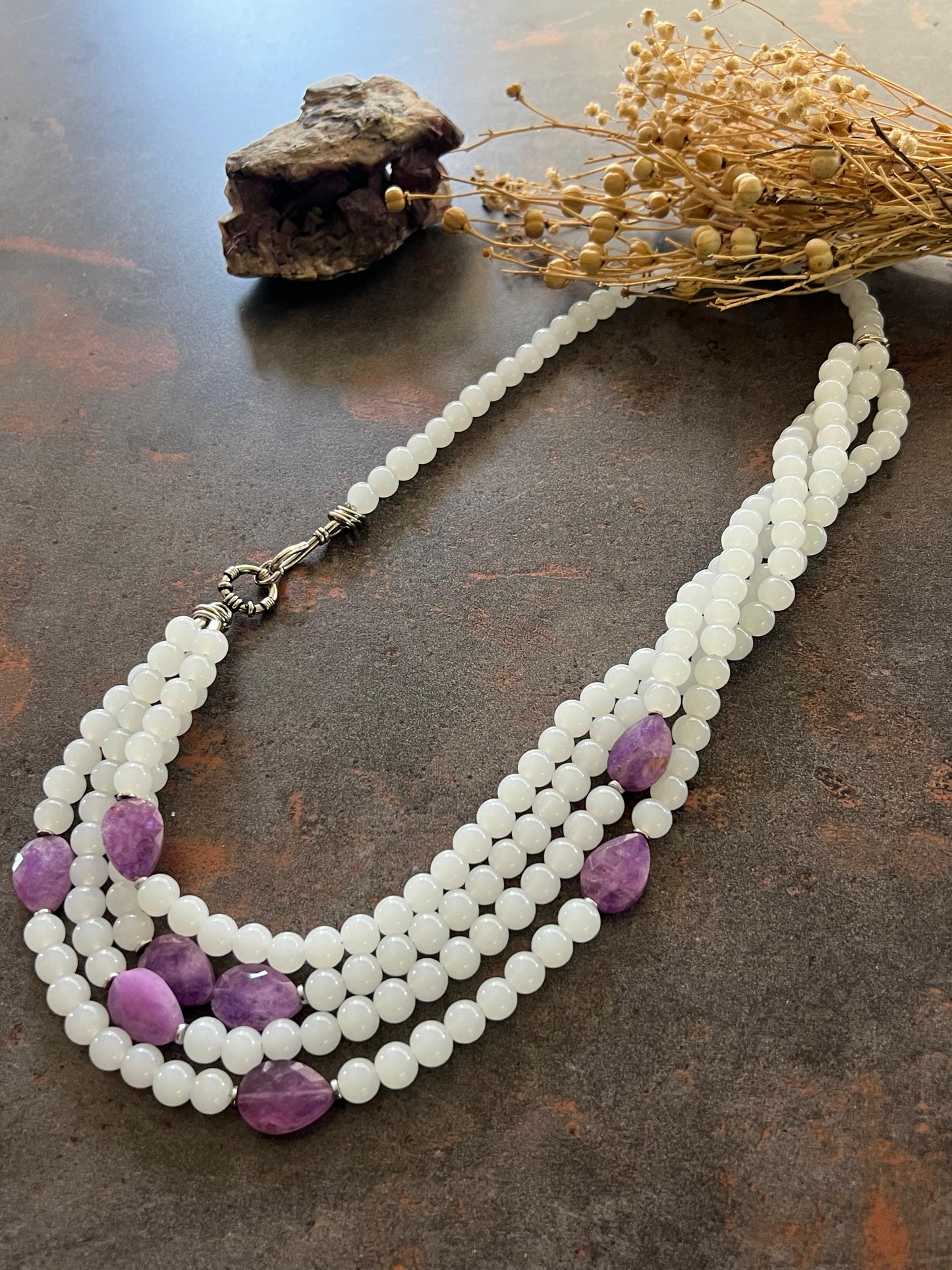 Moonstone and Amethyst Gemstone Layered Necklace