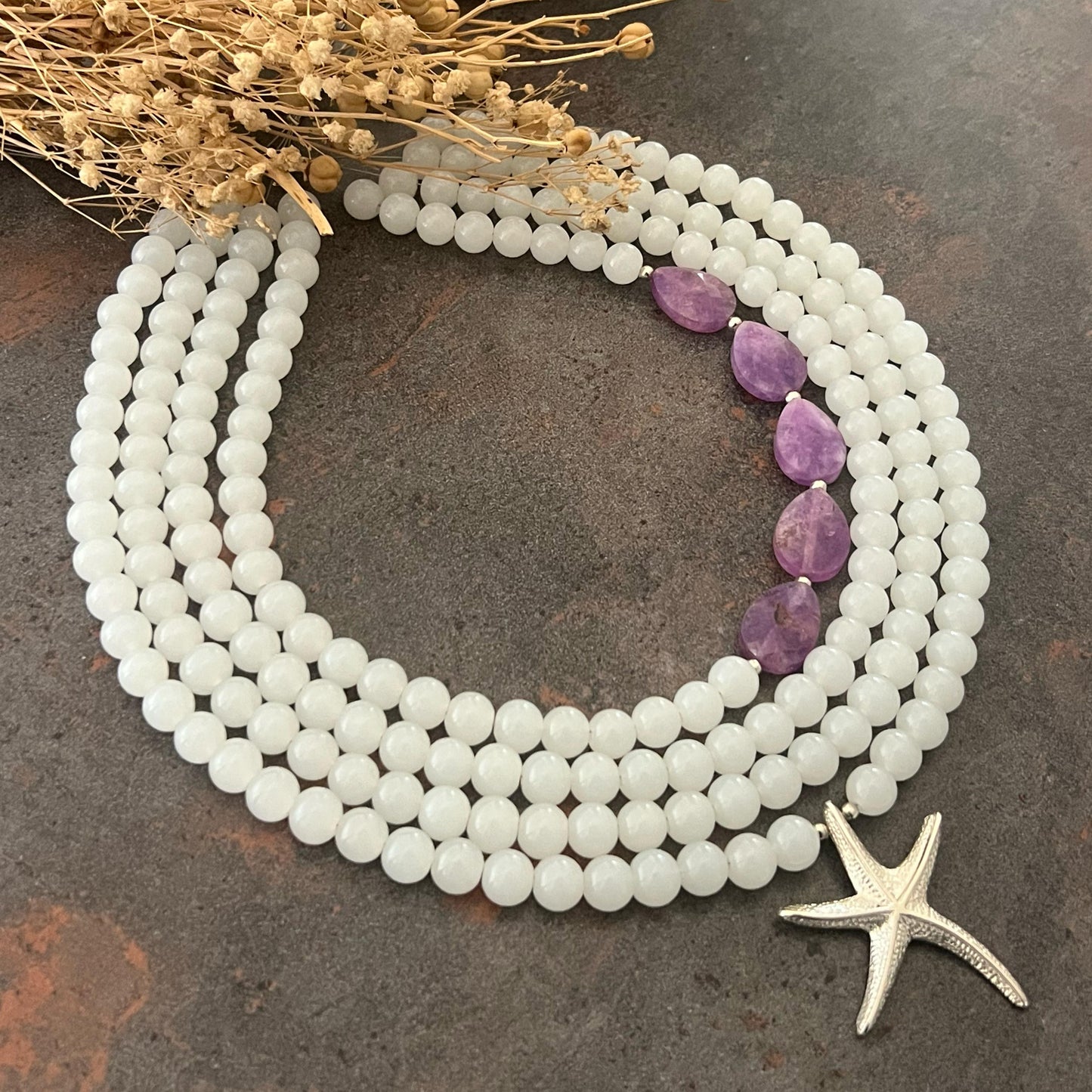 Moonstone and Amethyst Necklace with Silver Starfish Necklace