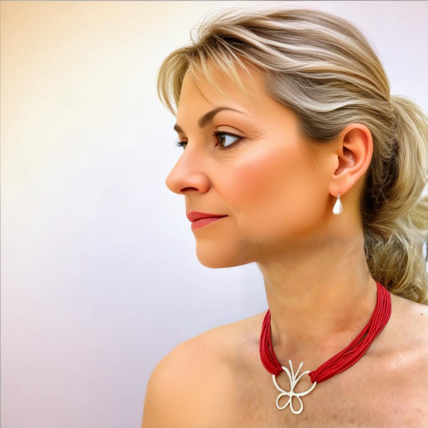 Woman wearing a coral gemstone layered necklace accentuated with a silver butterfly pendant, styled with elegance.