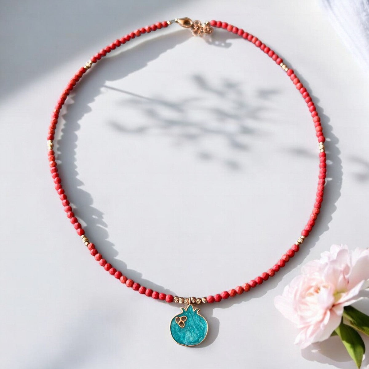 Coral Gemstone Necklace with Pomegranate Pendant