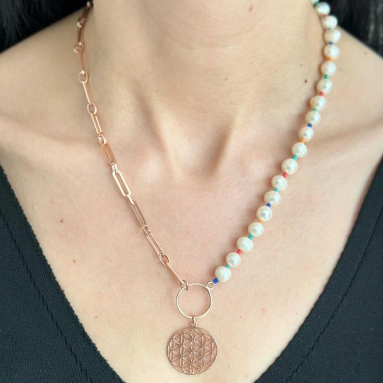 Handcrafted Life of Flower Necklace with Pearl in 925 Sterling Silver and Rose Gold Plating