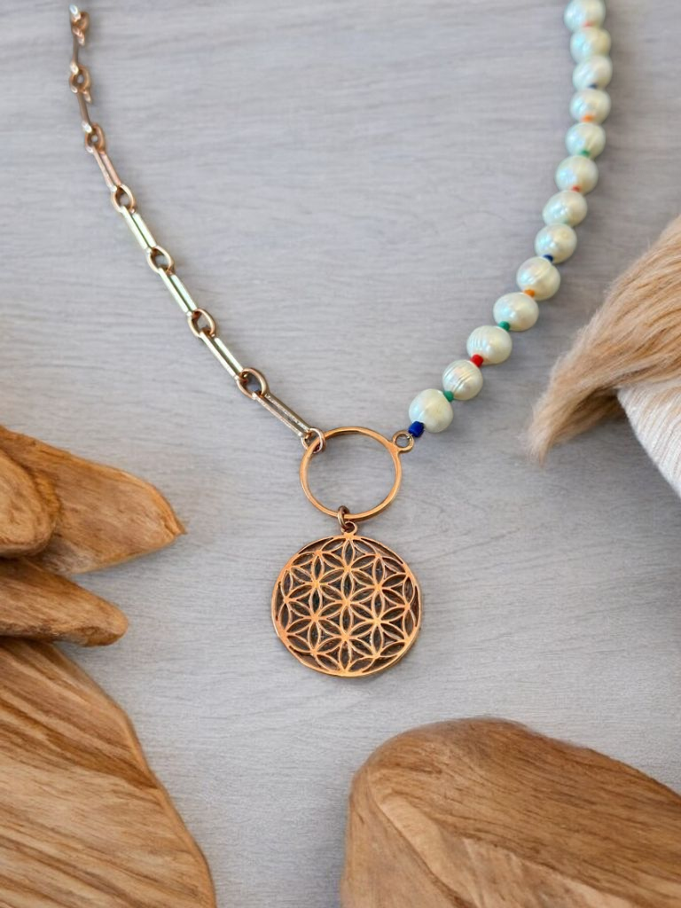 Handcrafted Life of Flower Necklace with Pearl in 925 Sterling Silver and Rose Gold Plating