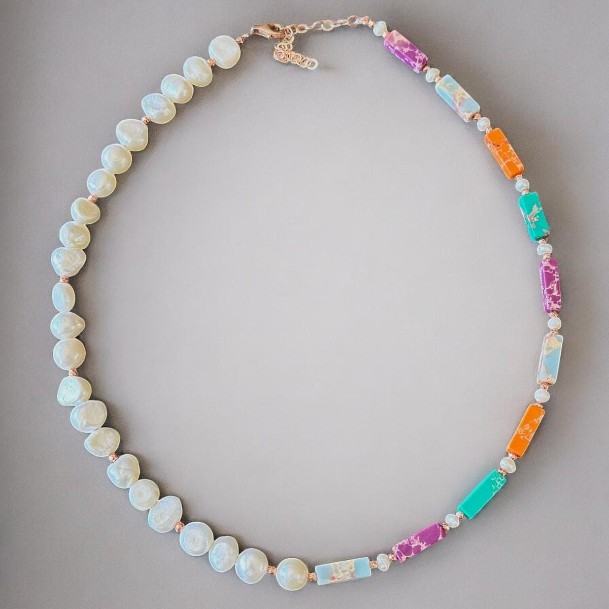 Liza Necklace featuring Variscite, Hematite, and Pearl beads on rose gold-plated silver with elegant craftsmanship.