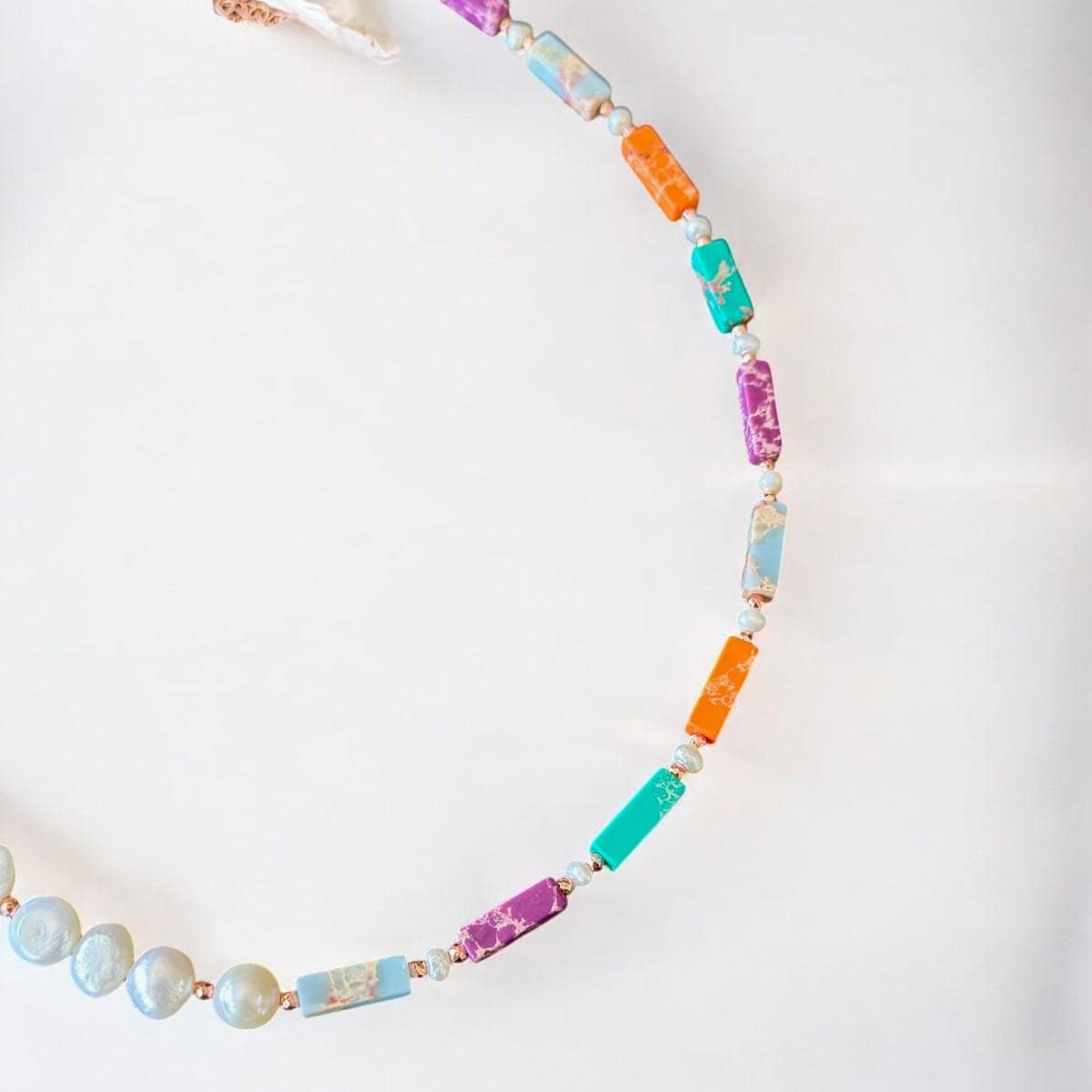 Liza Necklace crafted with Variscite, Hematite, and Pearl beads on rose gold-plated silver, colourful and elegant.