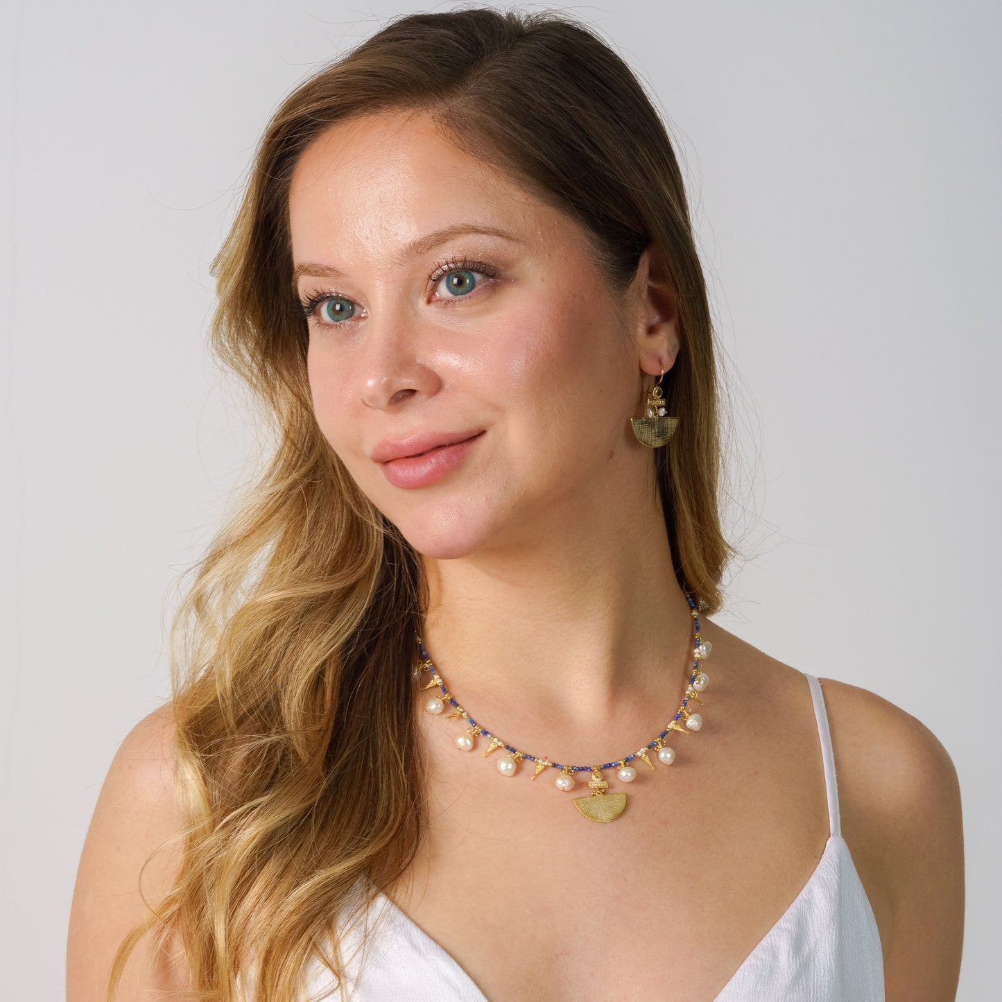 Selene Lapis Lazuli Gemstone and Pearl Necklace Silver Gold Plated