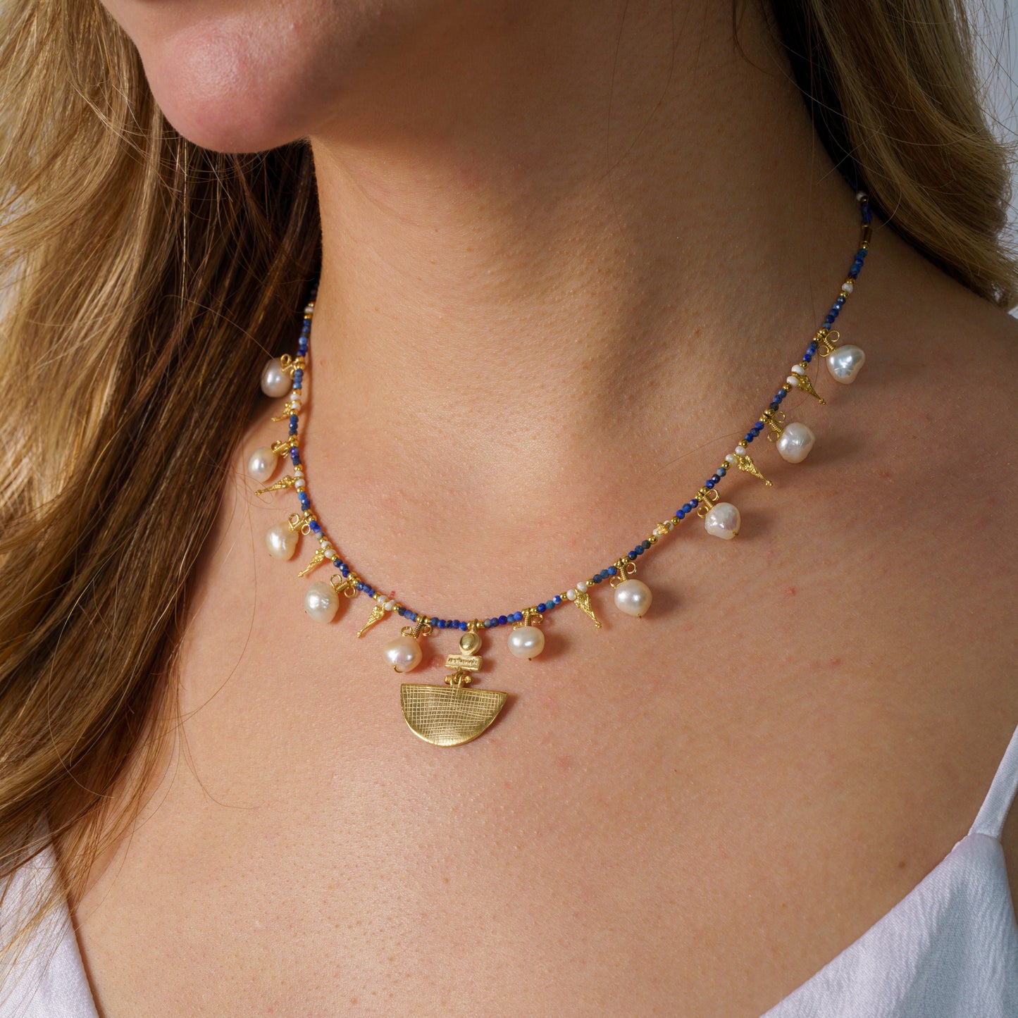Selene Lapis Lazuli Gemstone and Pearl Necklace Silver Gold Plated