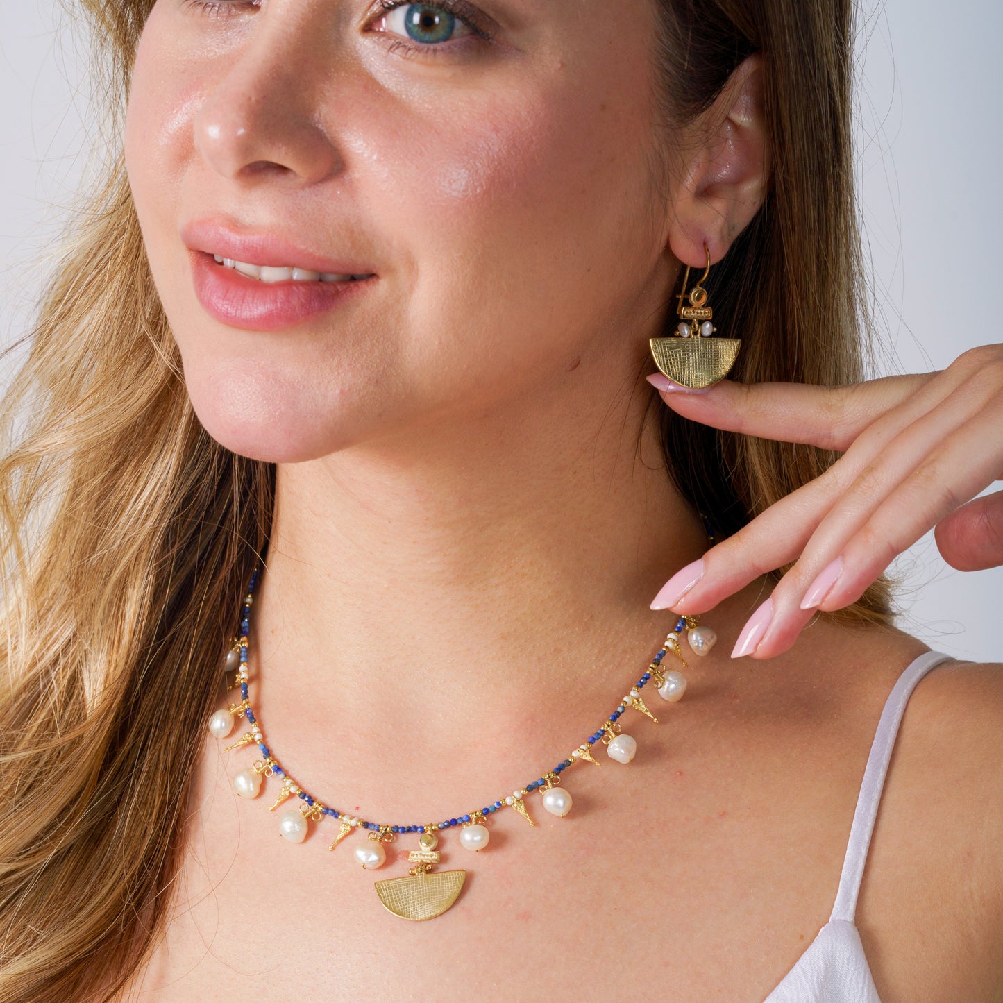 Selene Lapis Lazuli Gemstone and Pearl Necklace Silver Gold Plated