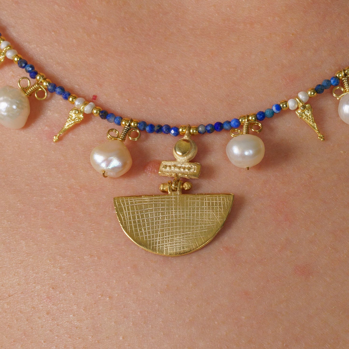 Selene Lapis Lazuli Gemstone and Pearl Necklace Silver Gold Plated