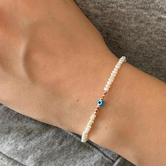 Freshwater Pearl Bracelet with Mini Evil Eye Charm