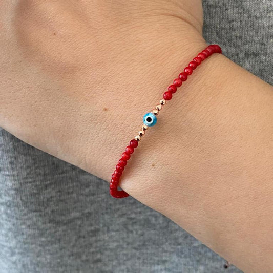 Coral Gemstone Bracelet with Mini Evil Eye Charm