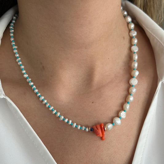 Maya Pearl and Coral Gemstone Necklace