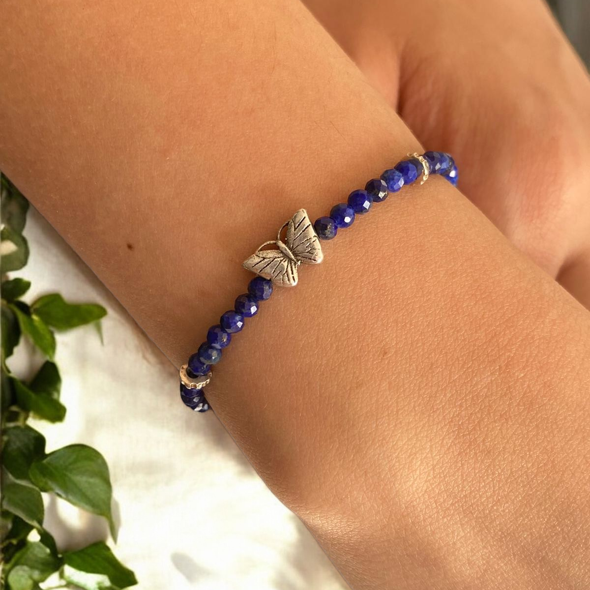 Silver Butterfly Lapis Lazuli Gemstone Bracelet