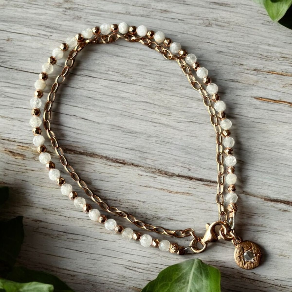 Handcrafted Moonstone & Hematite Star Bracelet in Rose Gold
