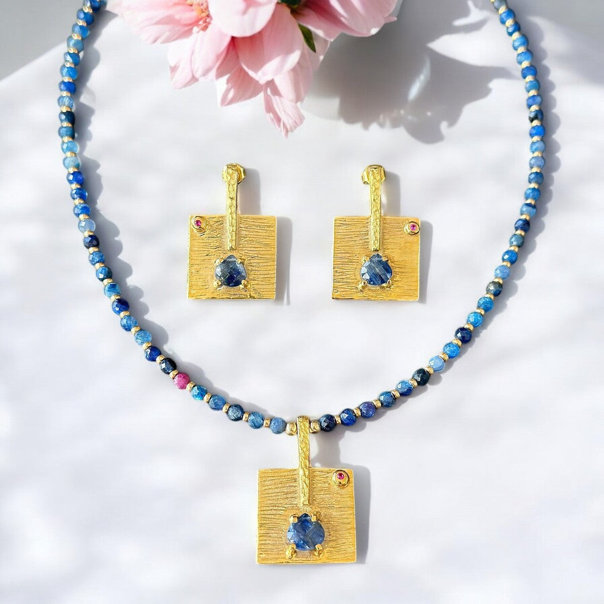Kyanit Square Sterling Silver Necklace and Earrings Set