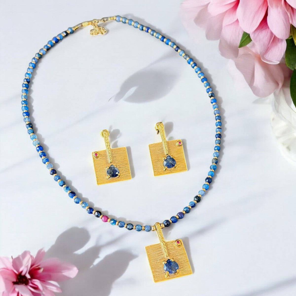 Kyanit Square Sterling Silver Necklace and Earrings Set