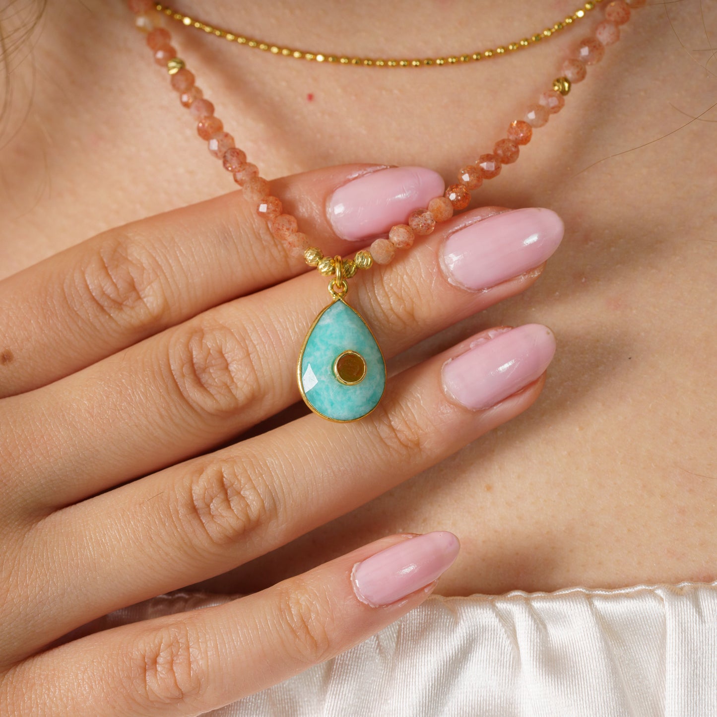 Strawberry Quartz Gemstone Necklace with Turquoise Pendant