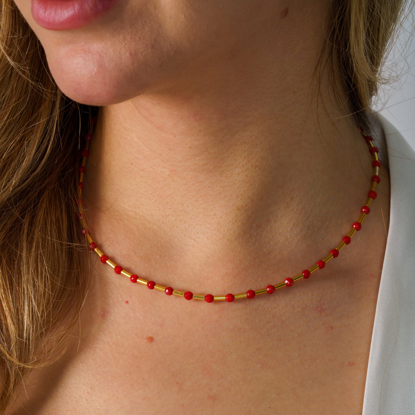 Coral Gemstone and Silver Pipe Necklace
