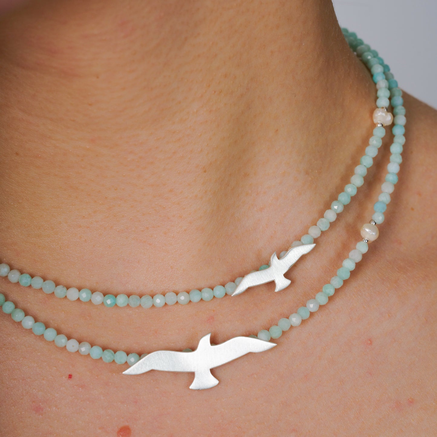 Amazonite Gemstone Necklace with Silver Seagull Pendants