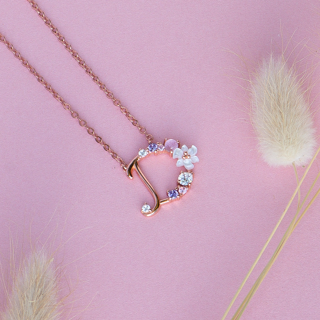 Flower Initial Necklace - Rose Gold Plated Sterling Silver