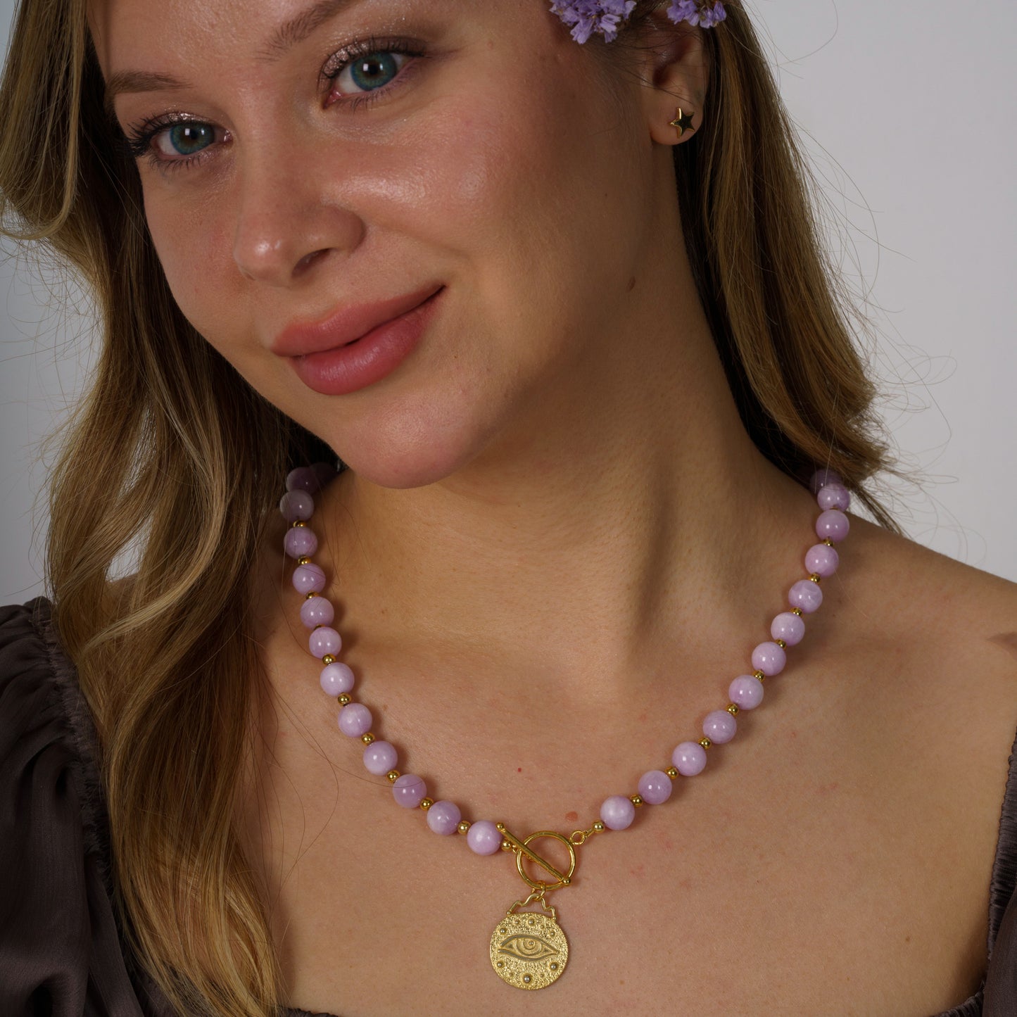 Kunzite Gemstone Necklace with Silver Eye Pendant