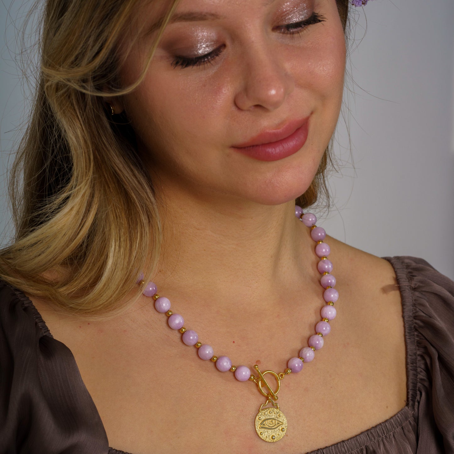 Kunzite Gemstone Necklace with Silver Eye Pendant