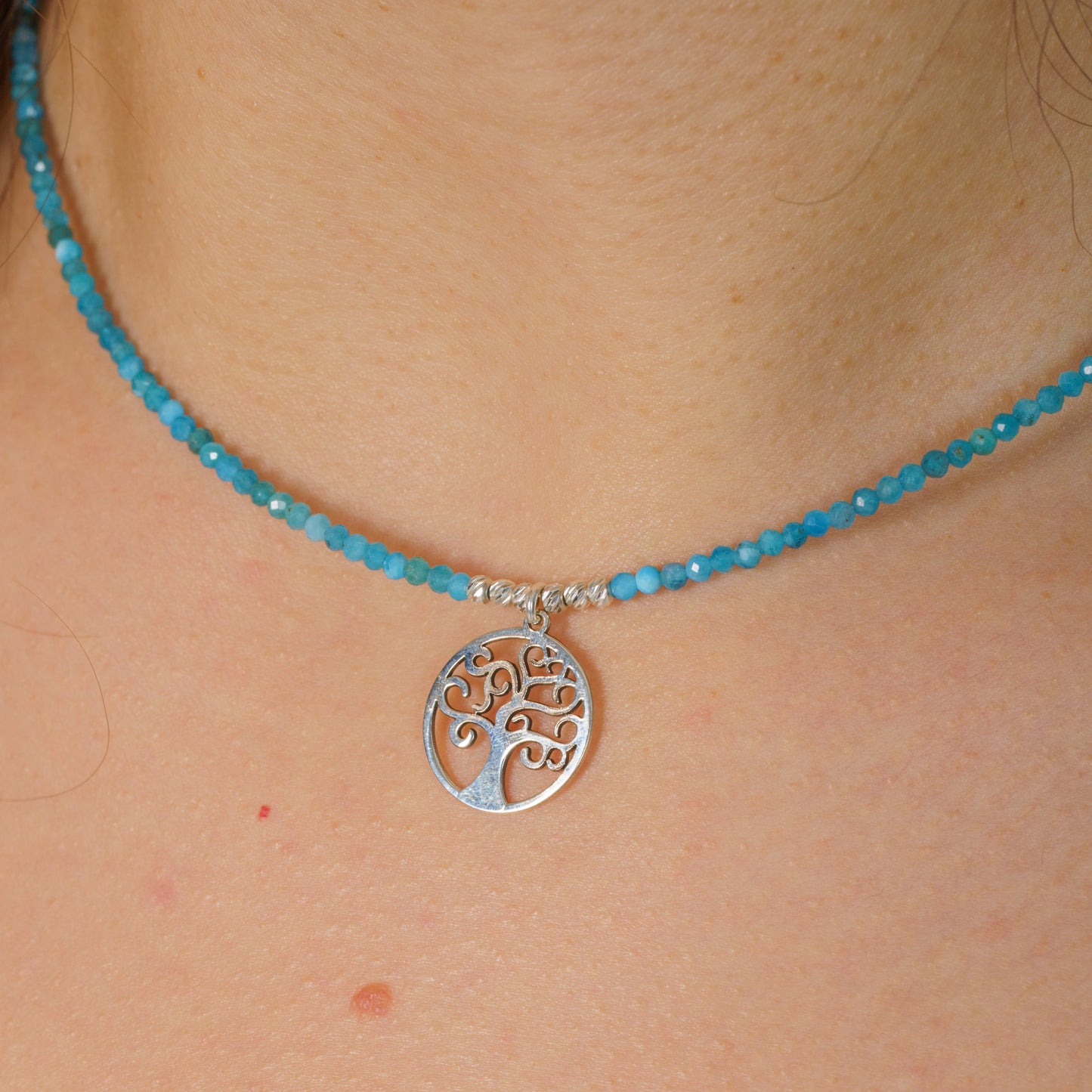 Apatite Gemstone Necklace with Silver Tree of Life Pendant