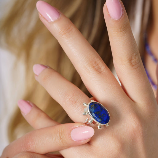 Lapis Lazuli Gemstone 925 Stering Silver Ring Adjustable
