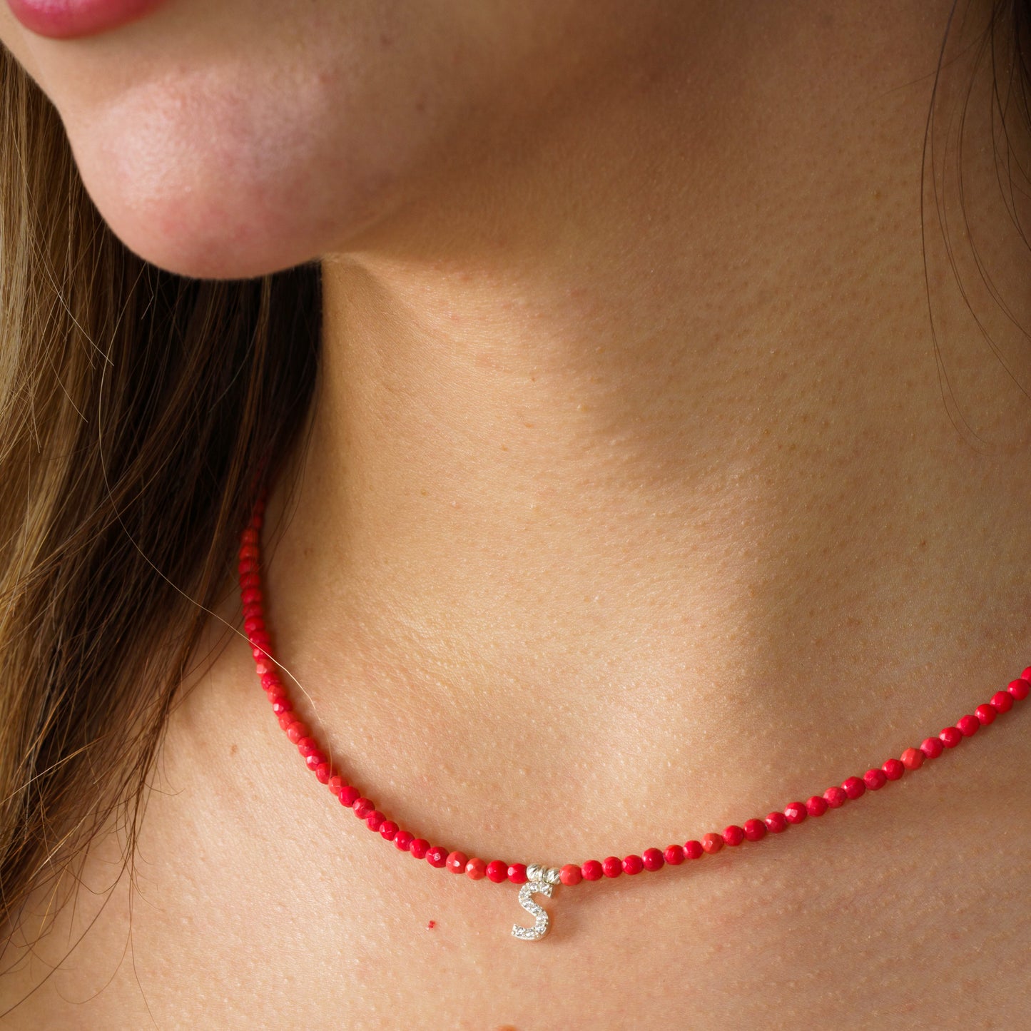 Coral Gemstone Necklace with Zirconia Letter Pendant