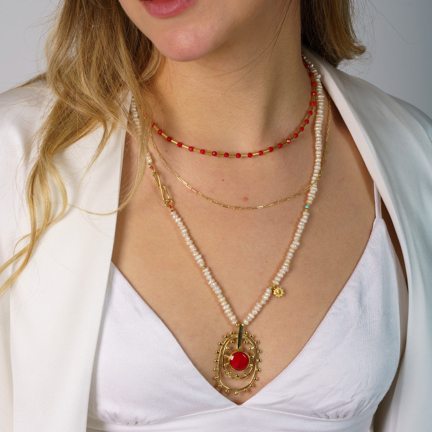Coral Gemstone and Silver Pipe Necklace