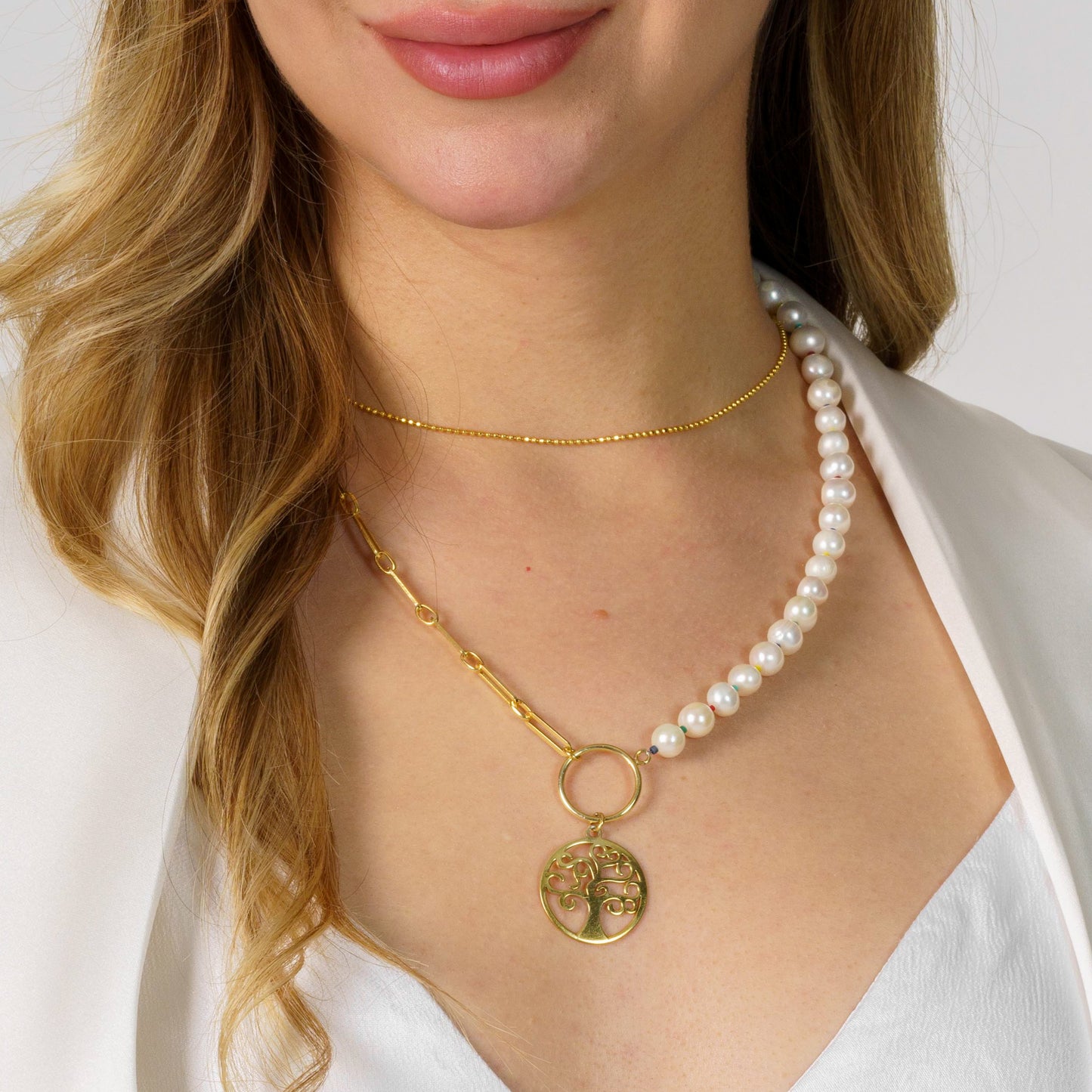 Pearl Long Necklace with and Silver Tree of Life Pendant
