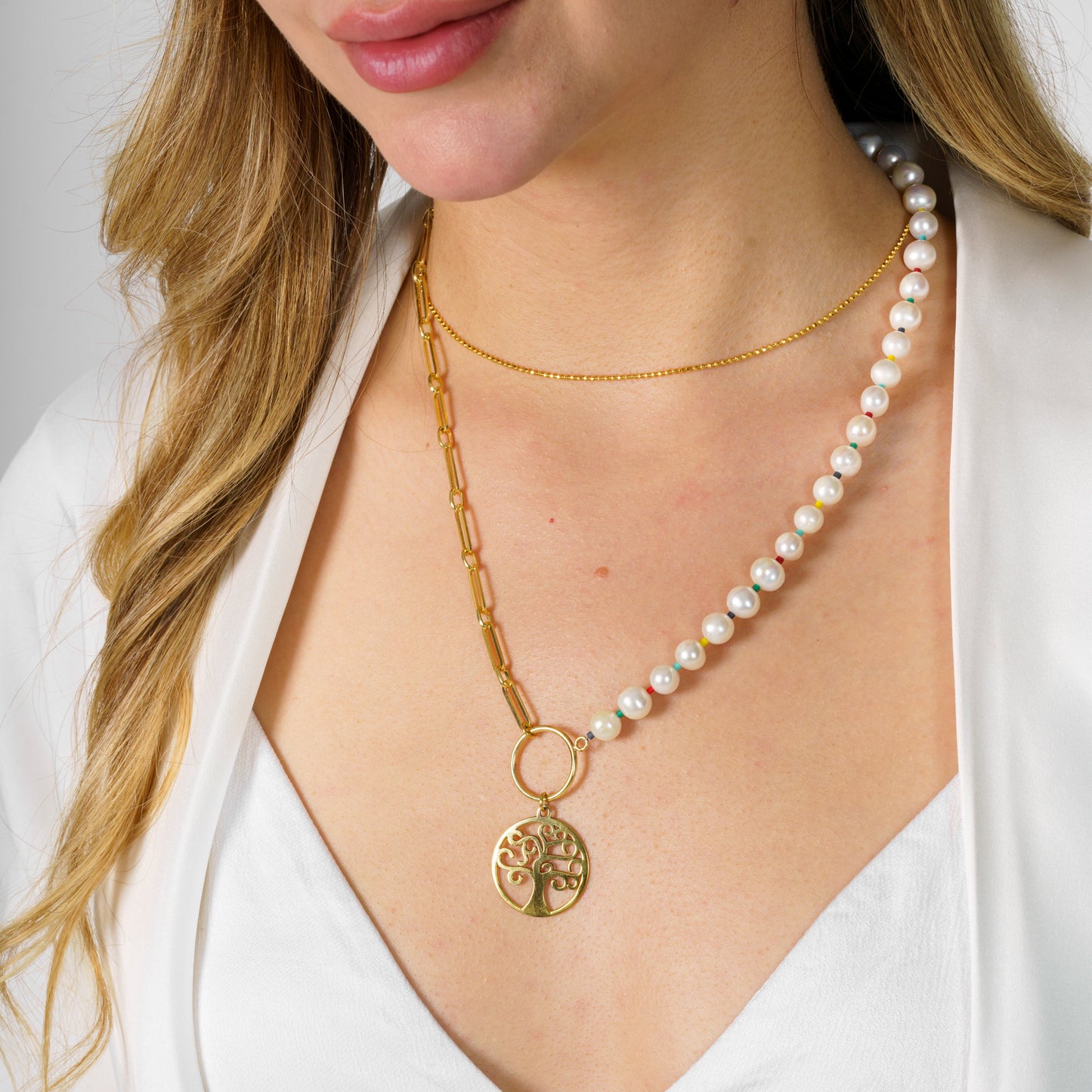 Pearl Long Necklace with and Silver Tree of Life Pendant