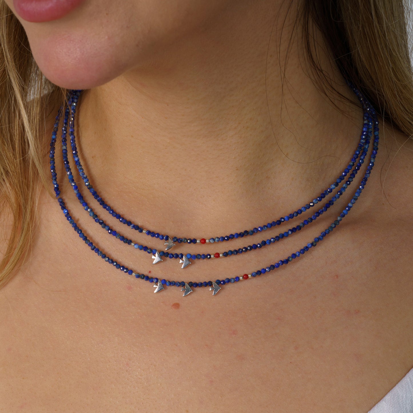Minimal Lapis Lazuli Gemstone Necklace with Silver Three Bird Pendants