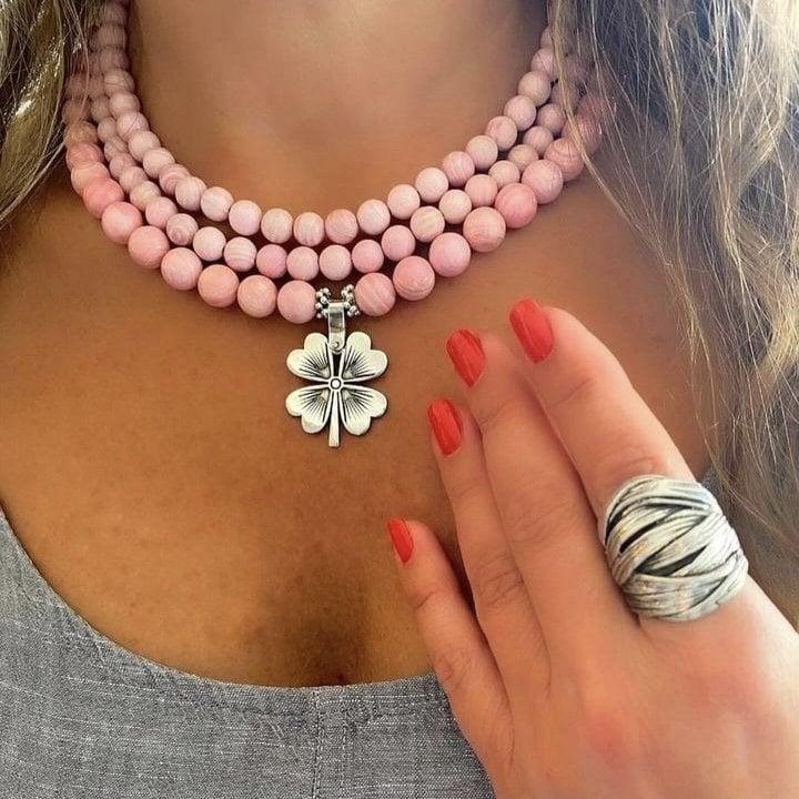 Pink Coral Gemstone Layered Necklace with Silver Clover Pendant