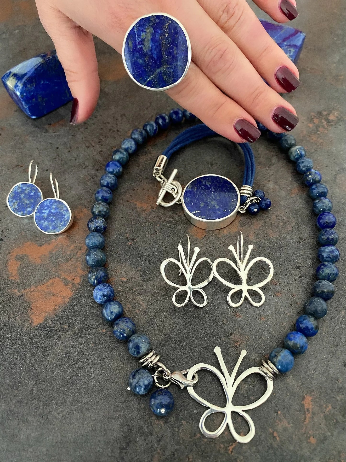 Lapis Lazuli Gemstone Jewellery Set with 925 Sterling Silver Butterfly Pendant