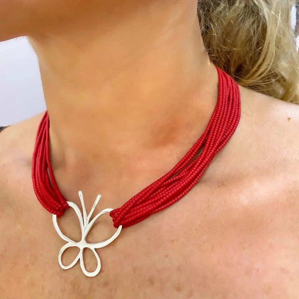 Coral Gemstone Layered Necklace with Silver Butterfly Pendant