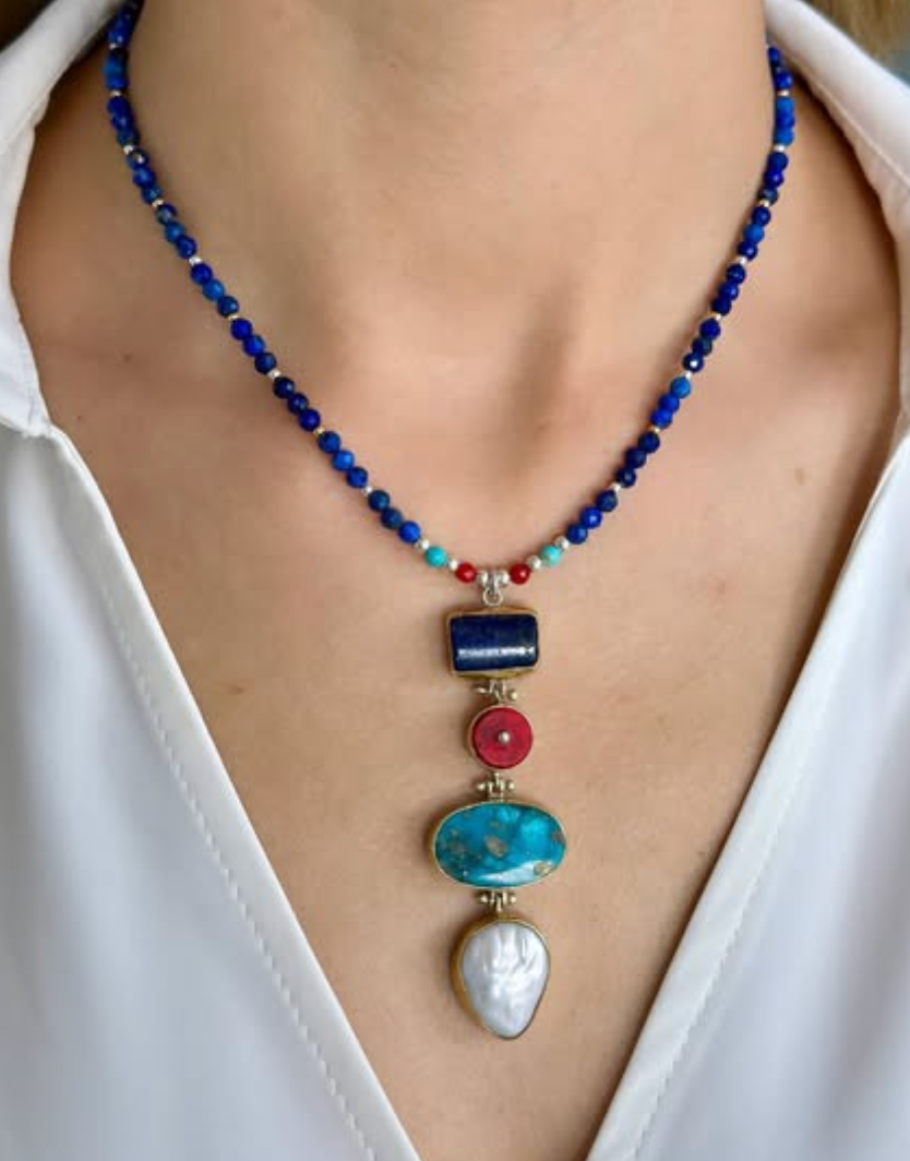 Lapis Lazuli, Coral, Turquoise Gemstone Necklace