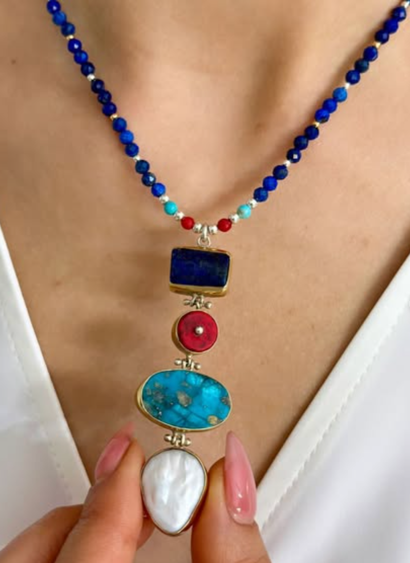 Lapis Lazuli, Coral, Turquoise Gemstone Necklace