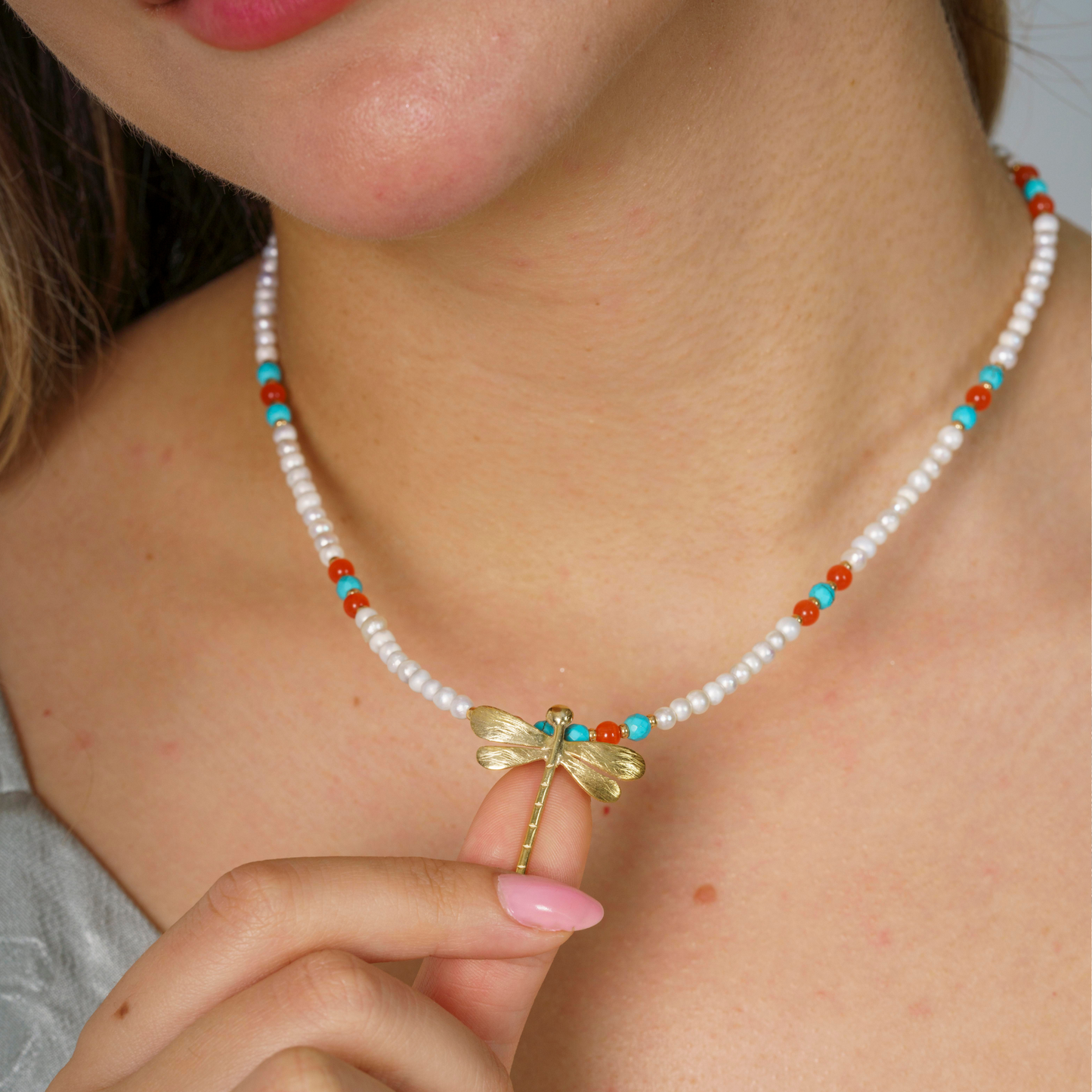 Gemstone and Pearls Silver Necklace Set