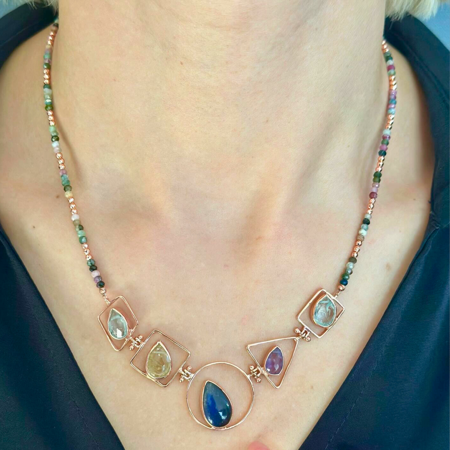 Geometric Necklace with Gemstones in 925 Sterling Silver