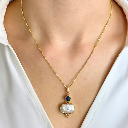 Pearl and Kyanite Pendant Chain Necklace in 925 Sterling Silver