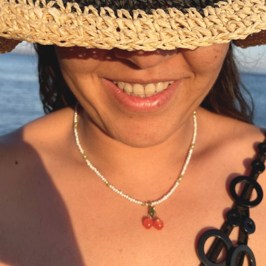 Pearl and Peridot Necklace with Agate Cherry Pendant