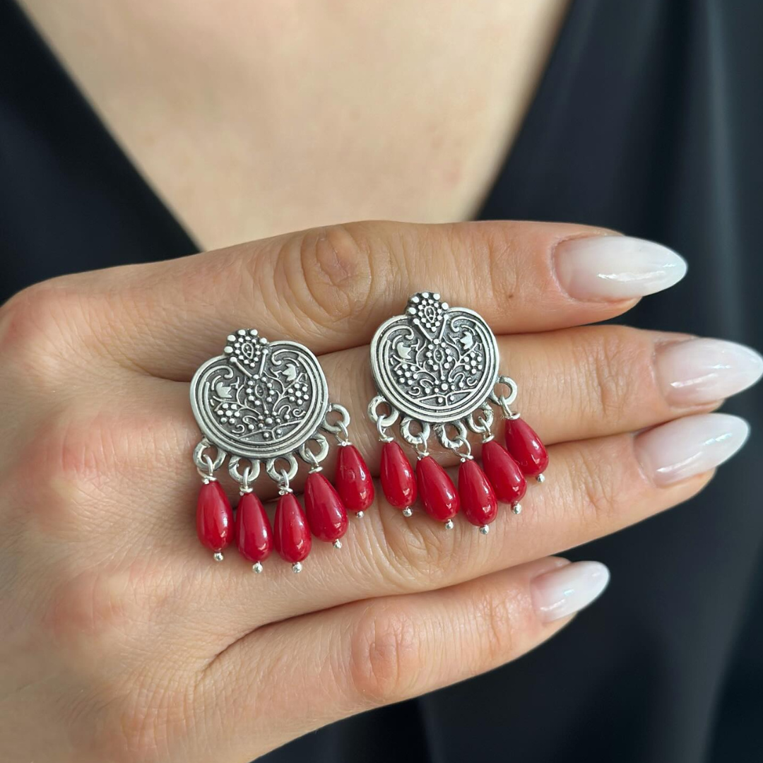 Silver Pomegranate Dangle Drop Earrings with Coral Gemstones