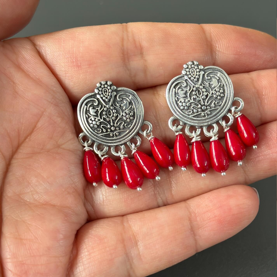 Silver Pomegranate Dangle Drop Earrings with Coral Gemstones